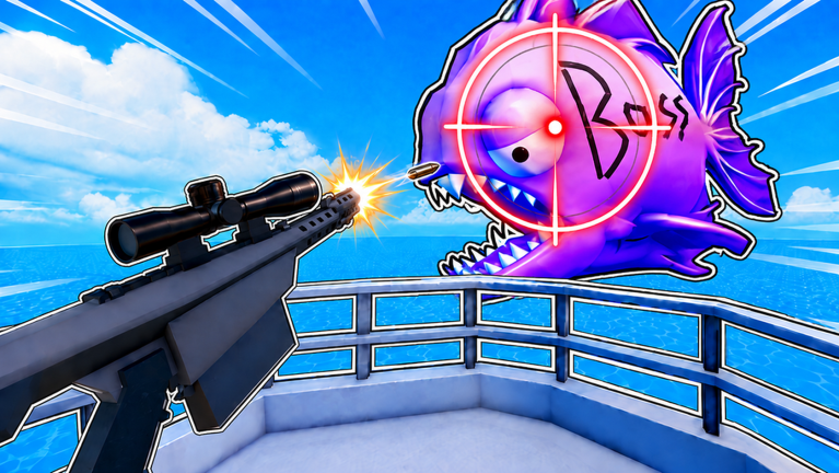 A purple fish faces a player on a boat in the official How to Fisch! artwork.